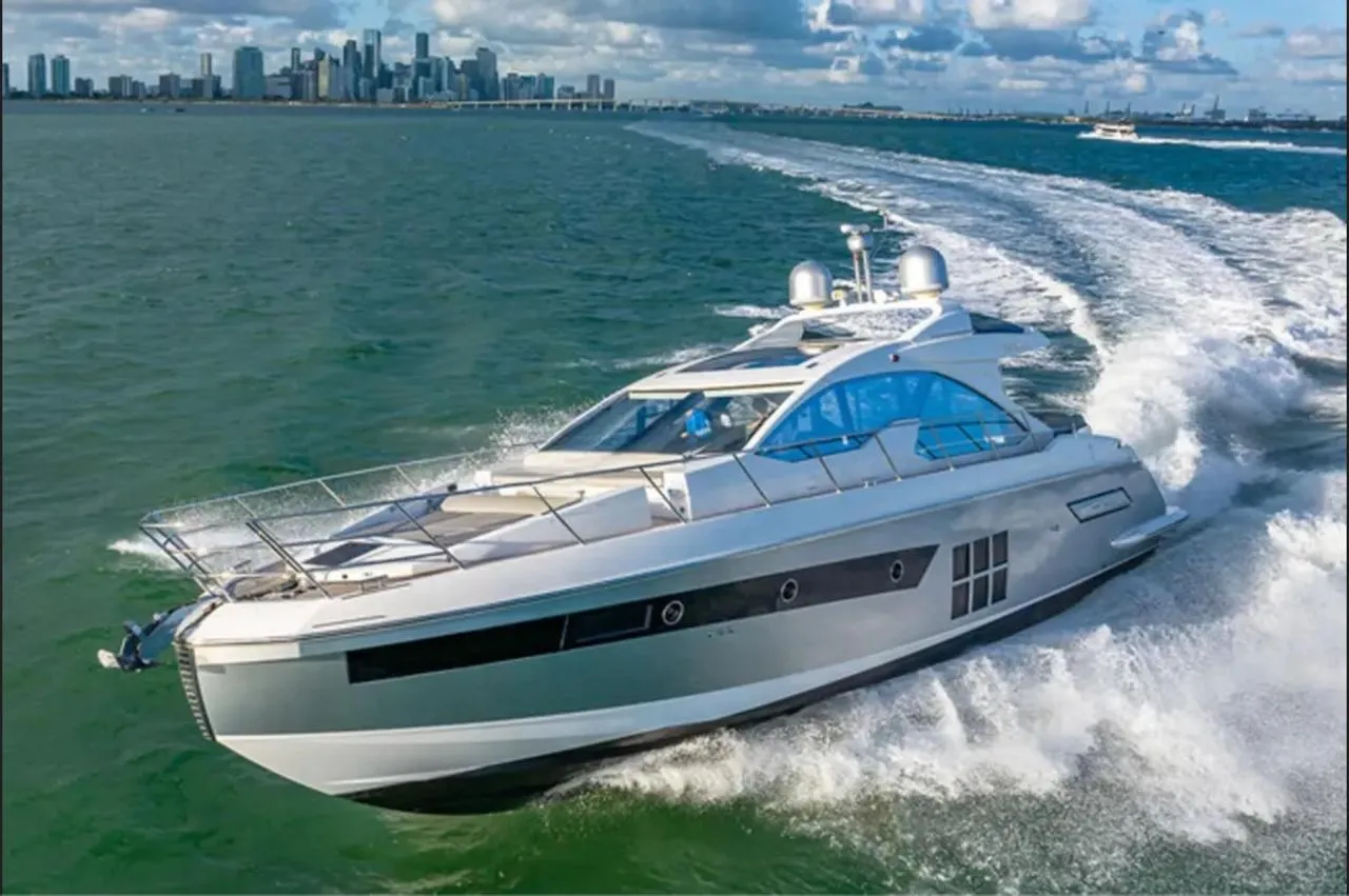 2015 Azimut 55S — underway with the Miami skyline behind